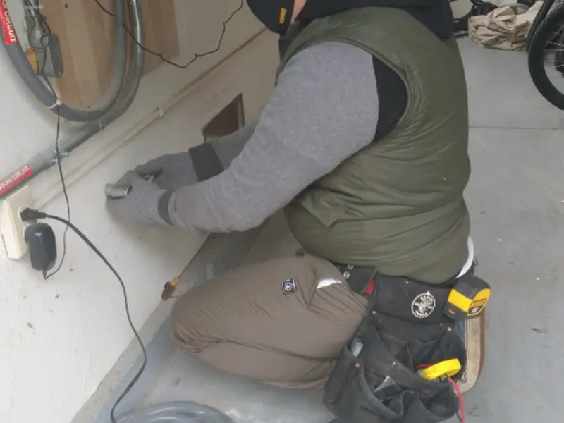 Electrician performing outlet wiring in a Grafton garage